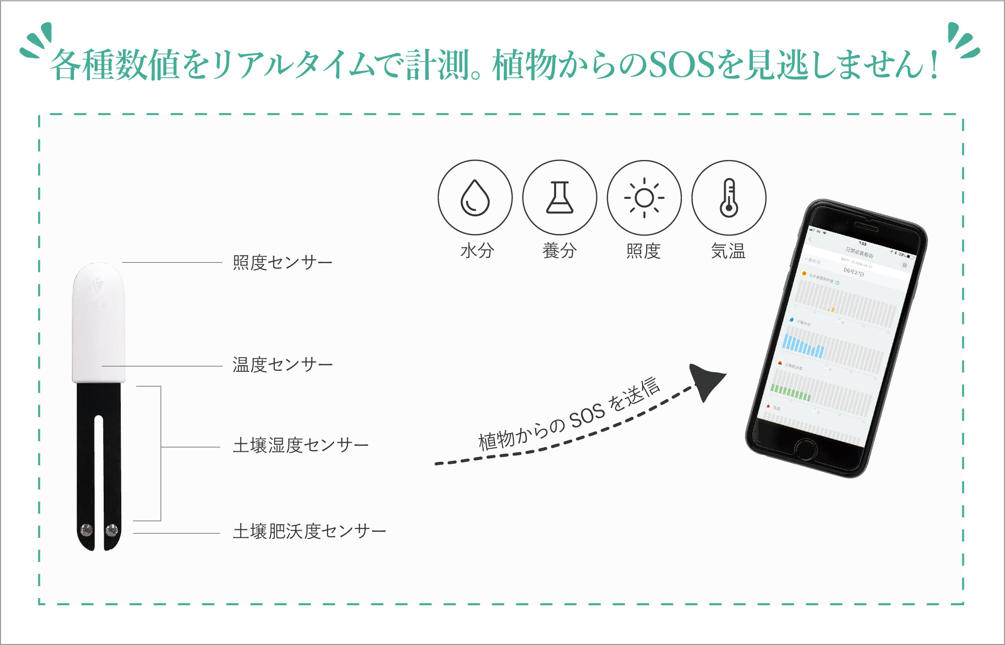 各種数値をリアルタイムで計測。植物からのSOSを逃しません!